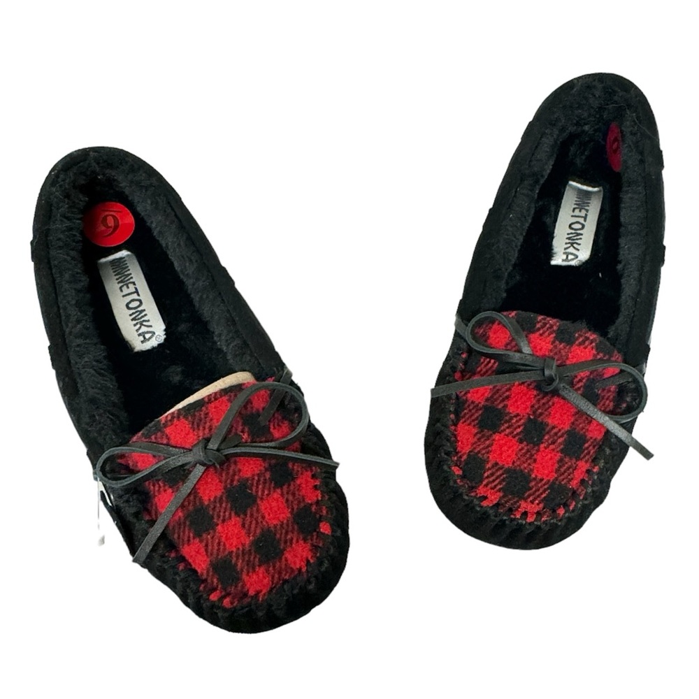 NIB Minnetonka Allie Fabric Plug Trapper Plaid Hard Sole Slippers Moccasin US 6